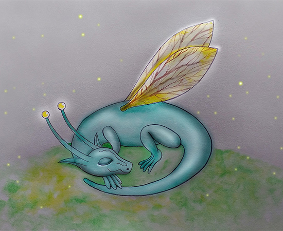 Illustrated image of a sleeping dragon.